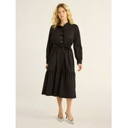 Free Assembly Women’s and Women's Plus Cotton Ruffle Midi Dress with Long Sleeves, Sizes XS-4X